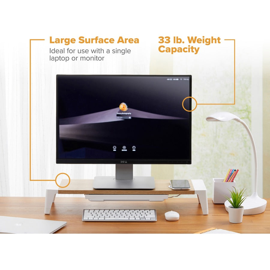 Wooden Monitor Stand with Wireless Charging Pad, 9.8" x 26.77" x 4.13", White
