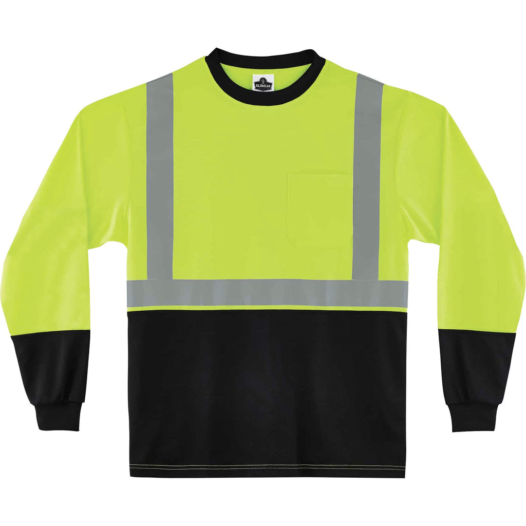 GloWear 8291BK Type R Class 2 Black Front Long Sleeve T-Shirt, Polyester, Large, Lime, Ships in 1-3 Business Days