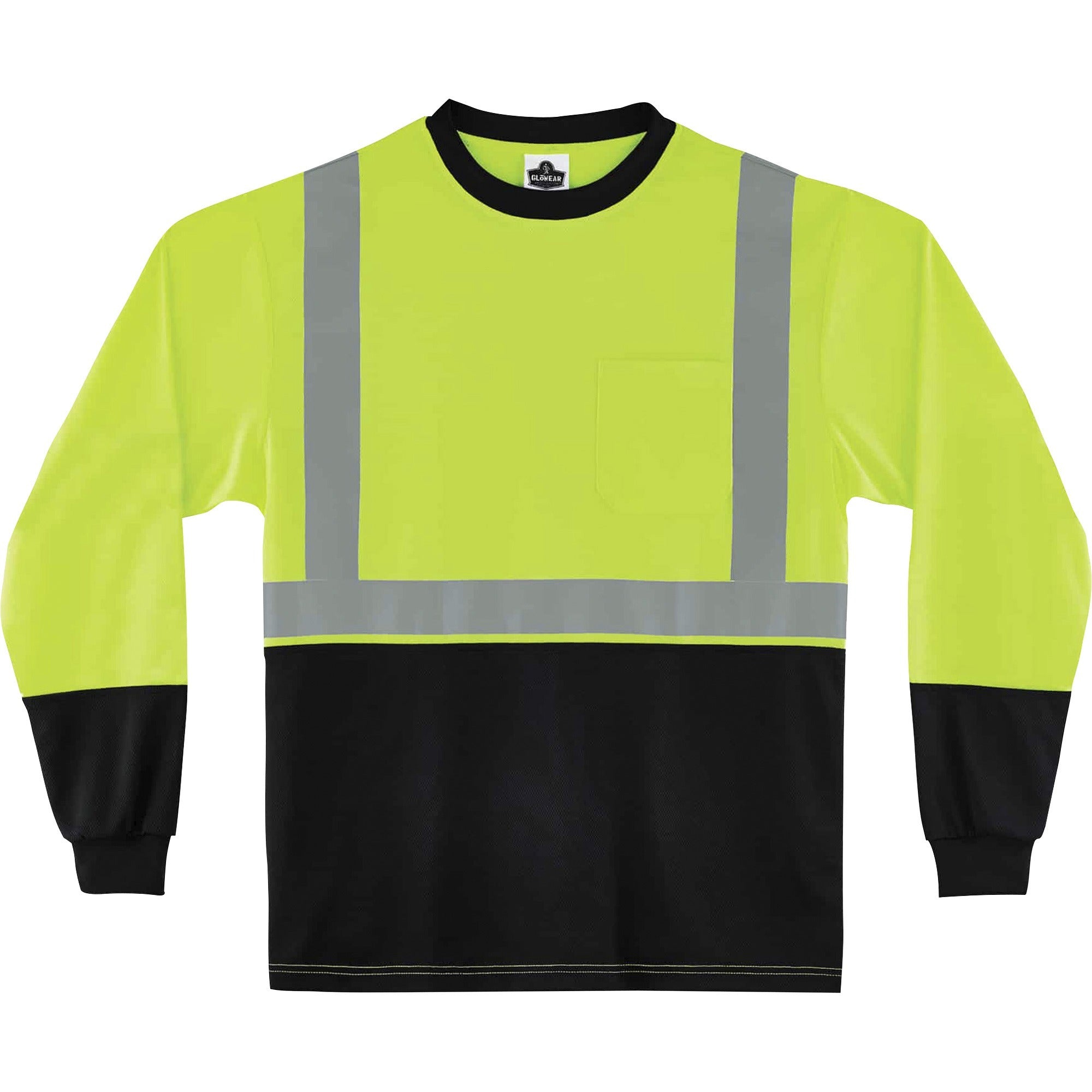GloWear 8291BK Type R Class 2 Black Front Long Sleeve T-Shirt, Polyester, Large, Lime, Ships in 1-3 Business Days
