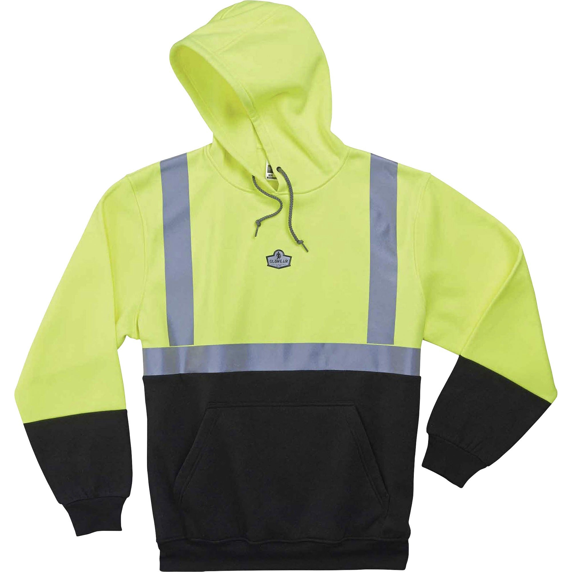 GloWear 8293 Hi-Vis Class 2 Hooded Sweatshirt Black Bottom, Polar Fleece, Small, Lime, Ships in 1-3 Business Days