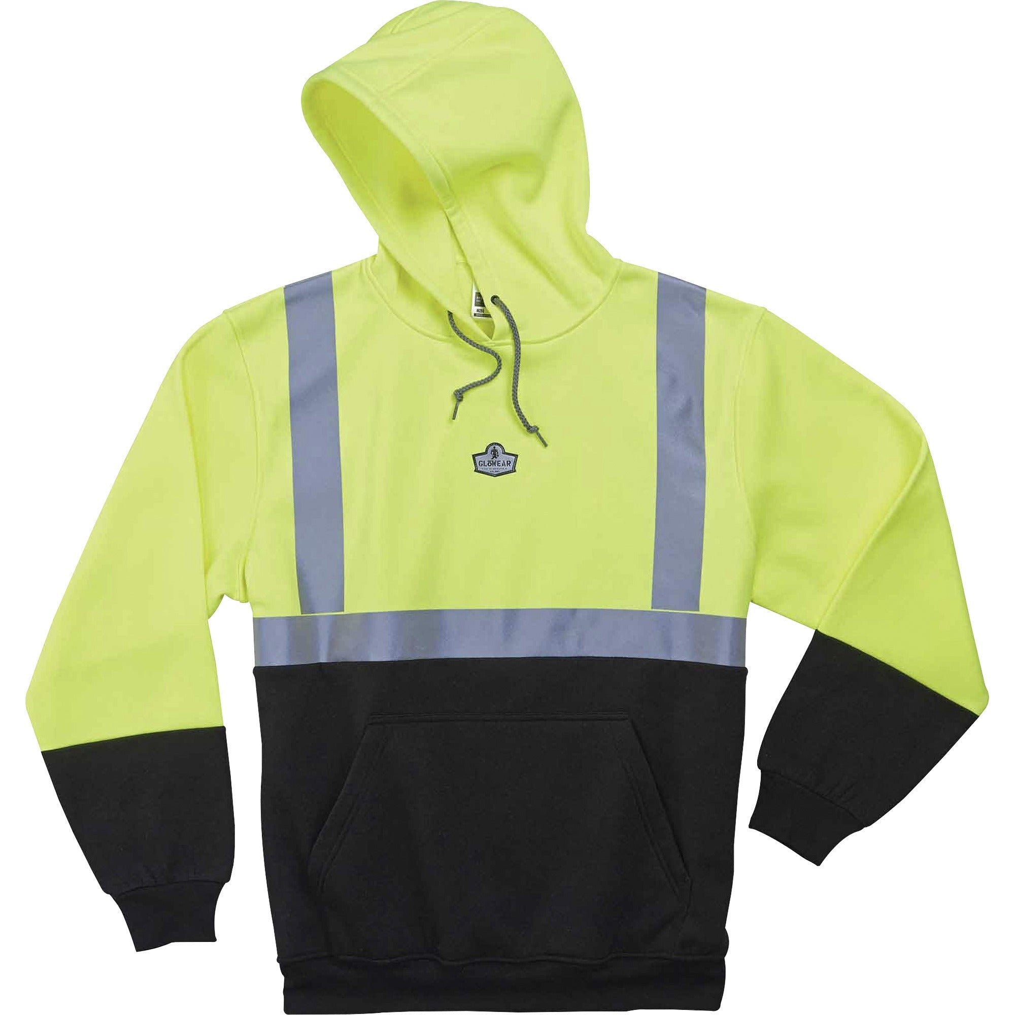 GloWear 8293 Hi-Vis Class 2 Hooded Sweatshirt Black Bottom, Polar Fleece, Small, Lime, Ships in 1-3 Business Days