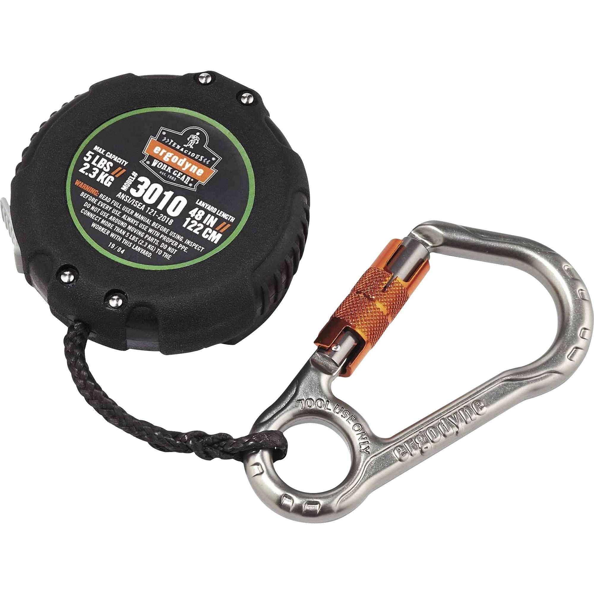 Squids 3010 Retractable Lanyard w/Locking Carabiner+Belt Clip, 5 lb Max Work Capacity, 48", Black, Ships in 1-3 Business Days