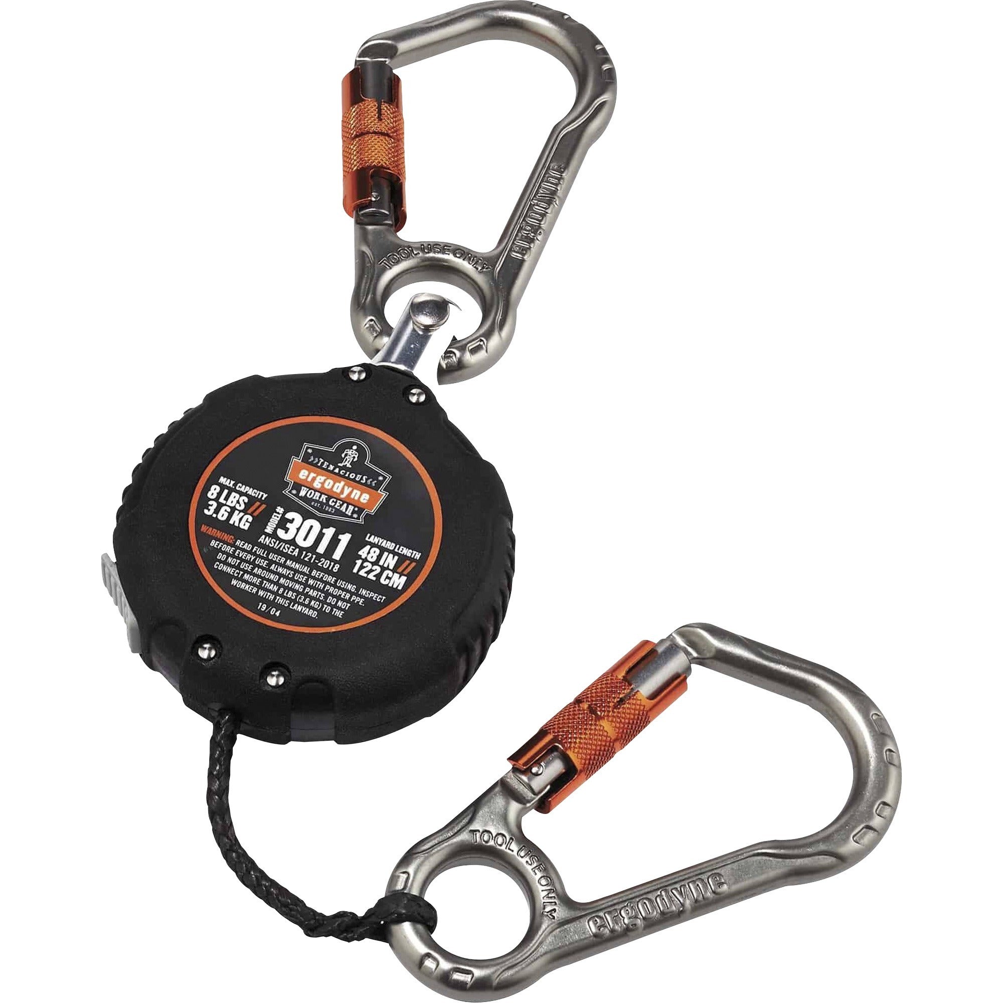 Squids 3011 Retractable Lanyard w/Tool+Swivel Anchor Carabiners, 8 lb Max Work Cap, 48", Black, Ships in 1-3 Business Days