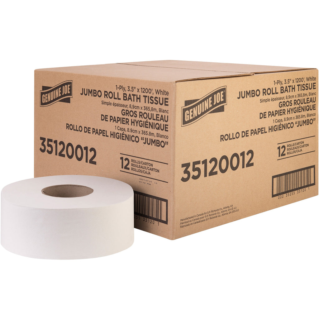 Genuine Joe 1-ply Jumbo Roll Bath Tissue - 1 Ply - 3.63" x 1200 ft - 8.88" Roll Diameter - White - Fiber - Sewer-safe, Septic Safe - For Bathroom - 12 / Carton