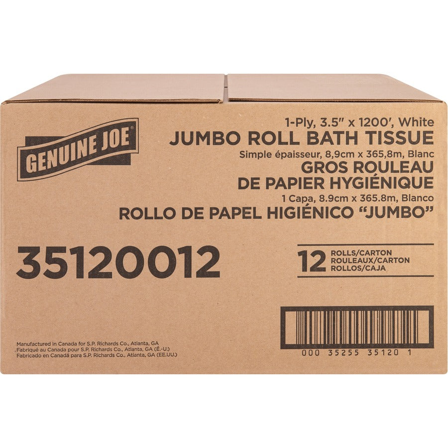 Genuine Joe 1-ply Jumbo Roll Bath Tissue - 1 Ply - 3.63" x 1200 ft - 8.88" Roll Diameter - White - Fiber - Sewer-safe, Septic Safe - For Bathroom - 12 / Carton