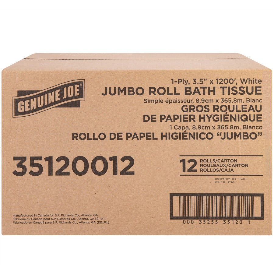 Genuine Joe 1-ply Jumbo Roll Bath Tissue - 1 Ply - 3.63" x 1200 ft - 8.88" Roll Diameter - White - Fiber - Sewer-safe, Septic Safe - For Bathroom - 12 / Carton