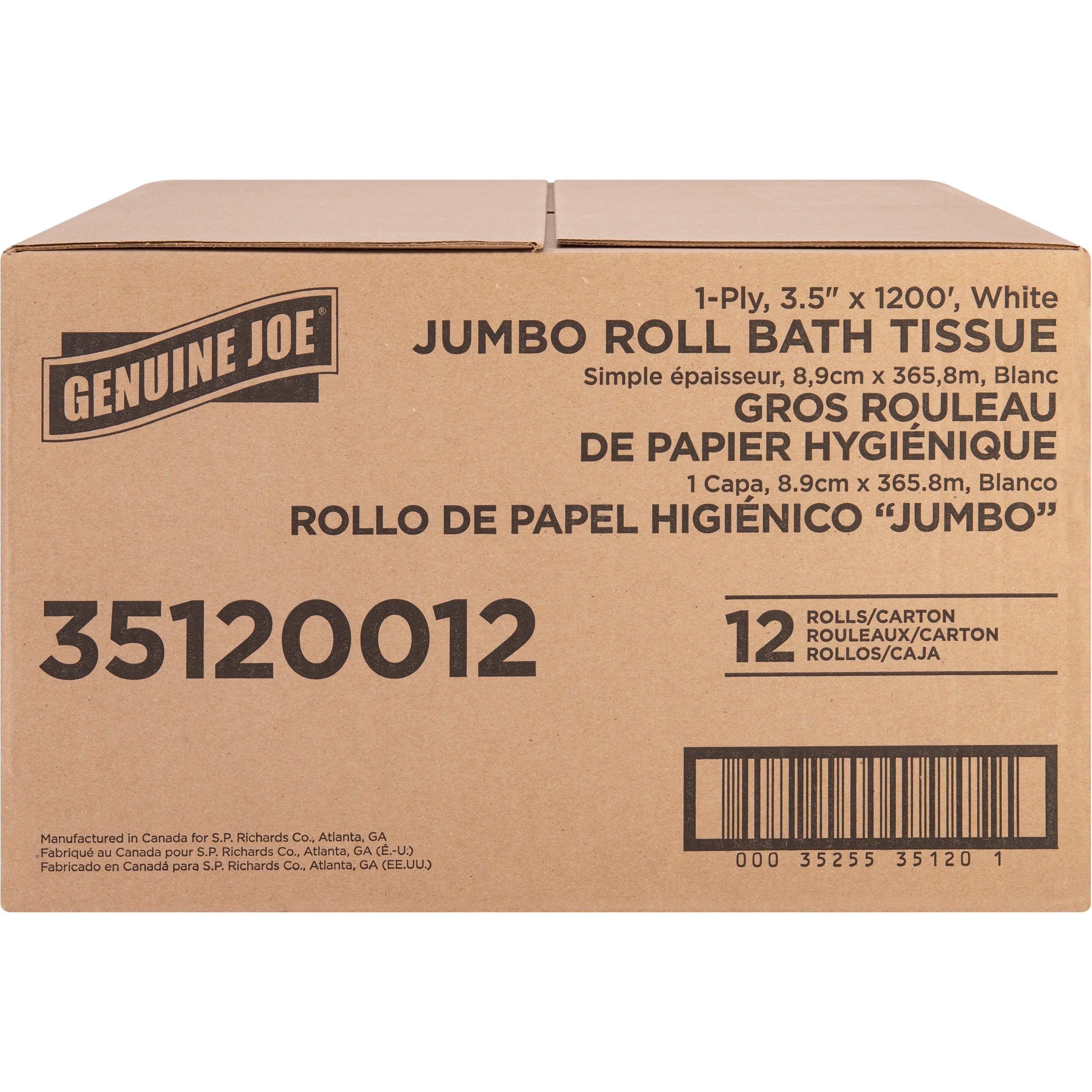 genuine-joe-1-ply-jumbo-roll-bath-tissue-1-ply-363-x-1200-ft-888-roll-diameter-white-fiber-sewer-safe-septic-safe-for-bathroom-12-carton_gjo35120012 - 3