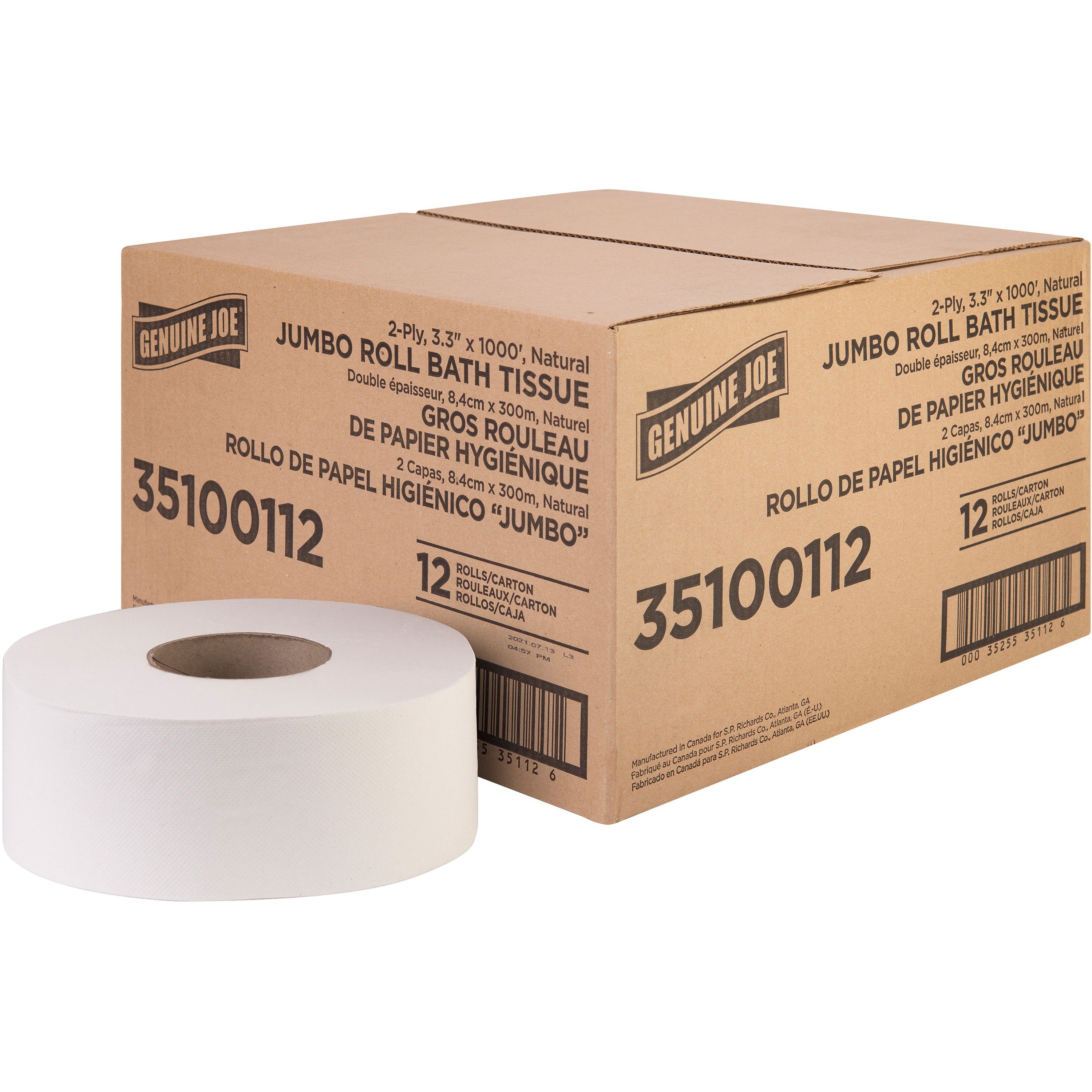genuine-joe-jumbo-jr-dispenser-bath-tissue-roll-2-ply-330-x-1000-ft-888-roll-diameter-white-fiber-sewer-safe-septic-safe-for-bathroom-12-carton_gjo35100112 - 1