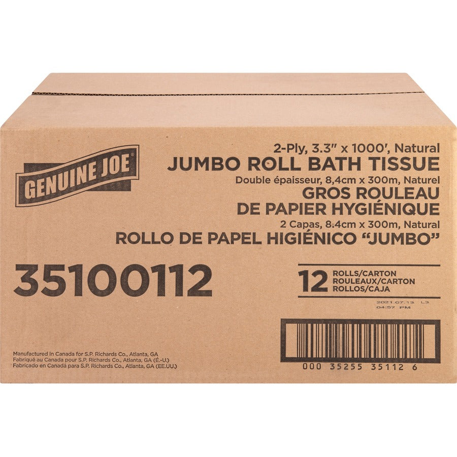 Genuine Joe Jumbo Jr Dispenser Bath Tissue Roll - 2 Ply - 3.30" x 1000 ft - 8.88" Roll Diameter - White - Fiber - Sewer-safe, Septic Safe - For Bathroom - 12 / Carton