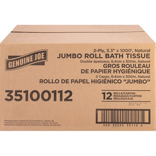 Genuine Joe Jumbo Jr Dispenser Bath Tissue Roll - 2 Ply - 3.30" x 1000 ft - 8.88" Roll Diameter - White - Fiber - Sewer-safe, Septic Safe - For Bathroom - 12 / Carton