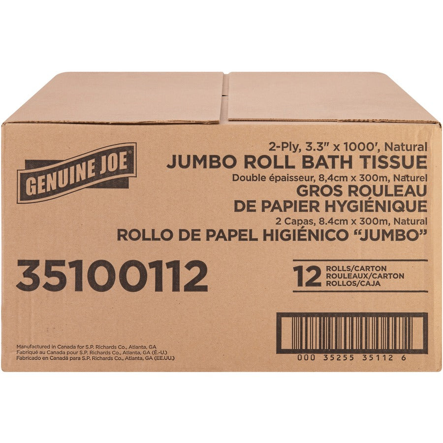 Genuine Joe Jumbo Jr Dispenser Bath Tissue Roll - 2 Ply - 3.30" x 1000 ft - 8.88" Roll Diameter - White - Fiber - Sewer-safe, Septic Safe - For Bathroom - 12 / Carton