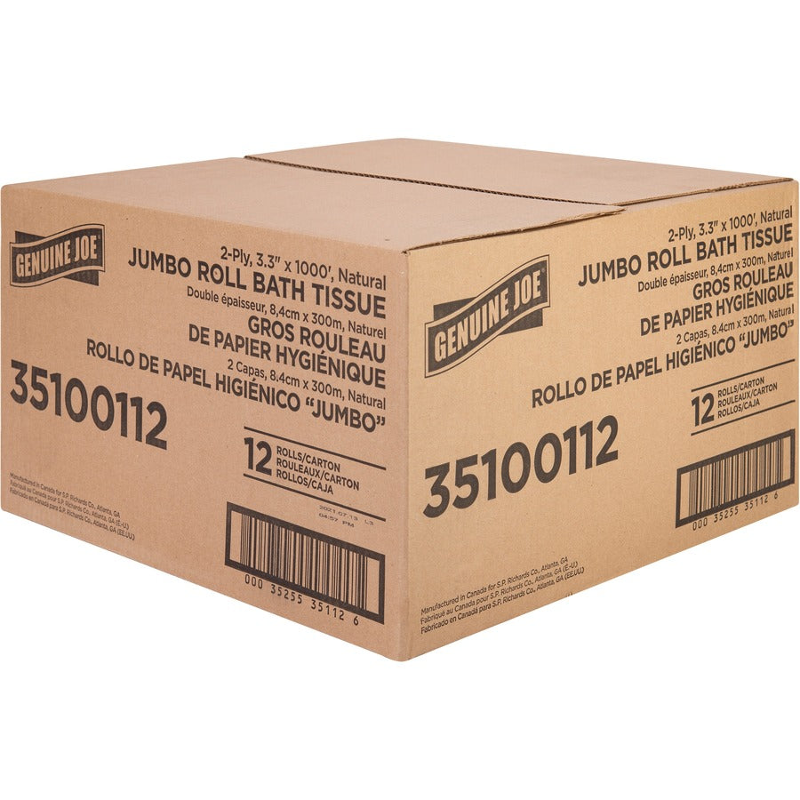 Genuine Joe Jumbo Jr Dispenser Bath Tissue Roll - 2 Ply - 3.30" x 1000 ft - 8.88" Roll Diameter - White - Fiber - Sewer-safe, Septic Safe - For Bathroom - 12 / Carton