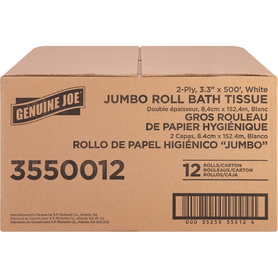 Genuine Joe Jumbo Jr Dispenser Bath Tissue Roll - 2 Ply - 3.30" x 500 ft - 8.88" Roll Diameter - White - Fiber - Sewer-safe, Septic Safe - For Bathroom - 12 / Carton