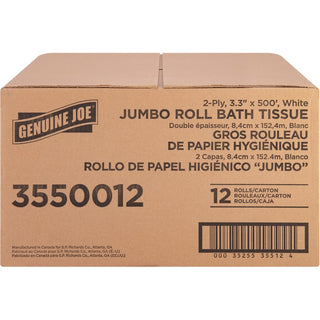Genuine Joe Jumbo Jr Dispenser Bath Tissue Roll - 2 Ply - 3.30" x 500 ft - 8.88" Roll Diameter - White - Fiber - Sewer-safe, Septic Safe - For Bathroom - 12 / Carton