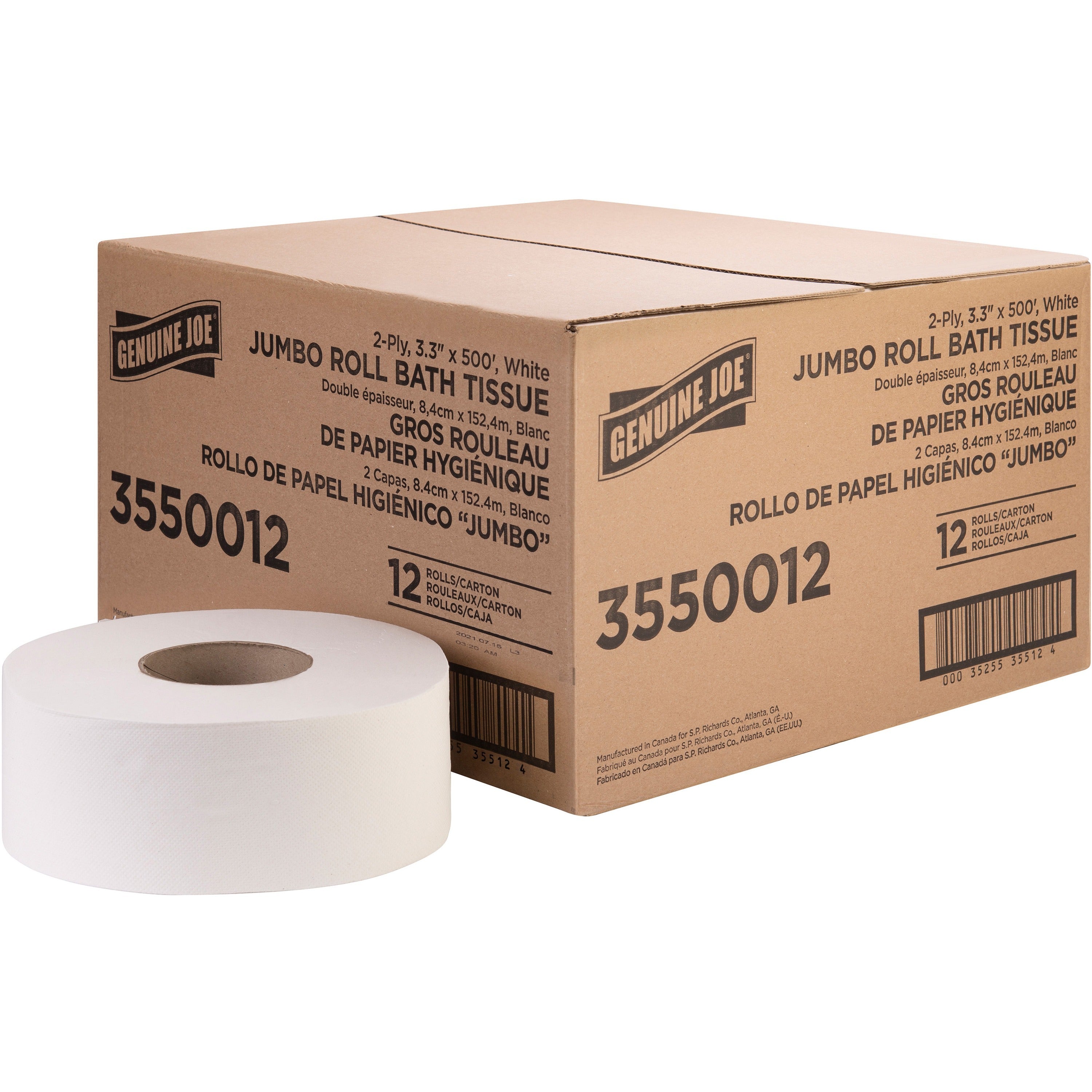 genuine-joe-jumbo-jr-dispenser-bath-tissue-roll-2-ply-330-x-500-ft-888-roll-diameter-white-fiber-sewer-safe-septic-safe-for-bathroom-12-carton_gjo3550012 - 1