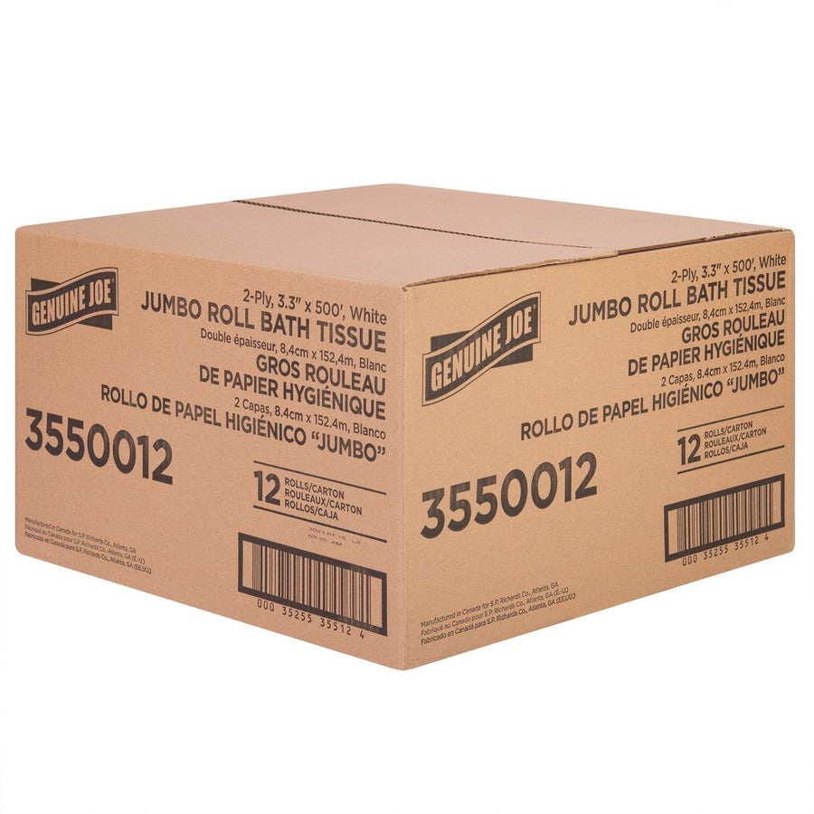 Genuine Joe Jumbo Jr Dispenser Bath Tissue Roll - 2 Ply - 3.30" x 500 ft - 8.88" Roll Diameter - White - Fiber - Sewer-safe, Septic Safe - For Bathroom - 12 / Carton