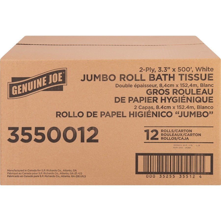 Genuine Joe Jumbo Jr Dispenser Bath Tissue Roll - 2 Ply - 3.30" x 500 ft - 8.88" Roll Diameter - White - Fiber - Sewer-safe, Septic Safe - For Bathroom - 12 / Carton
