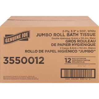 Genuine Joe Jumbo Jr Dispenser Bath Tissue Roll - 2 Ply - 3.30" x 500 ft - 8.88" Roll Diameter - White - Fiber - Sewer-safe, Septic Safe - For Bathroom - 12 / Carton