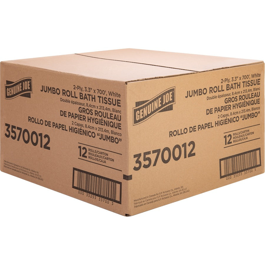 Genuine Joe Jumbo Jr Dispenser Bath Tissue Roll - 2 Ply - 3.30" x 700 ft - 8.88" Roll Diameter - White - Fiber - Sewer-safe, Septic Safe - For Bathroom - 12 / Carton