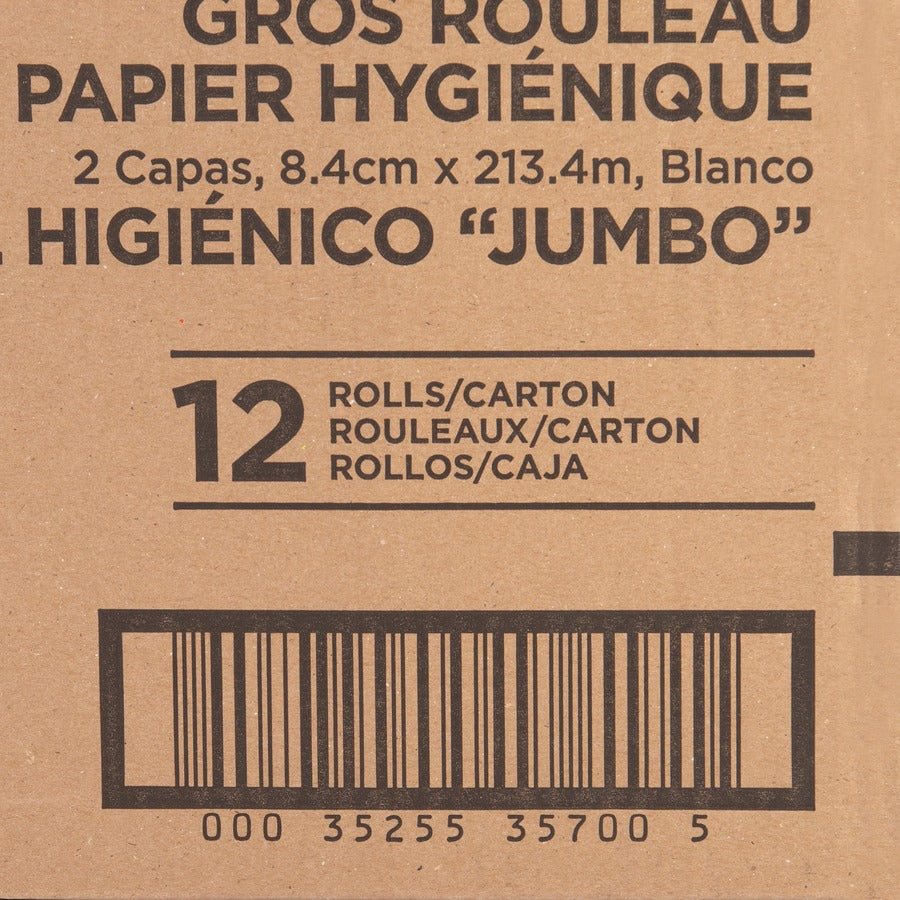 Genuine Joe Jumbo Jr Dispenser Bath Tissue Roll - 2 Ply - 3.30" x 700 ft - 8.88" Roll Diameter - White - Fiber - Sewer-safe, Septic Safe - For Bathroom - 12 / Carton