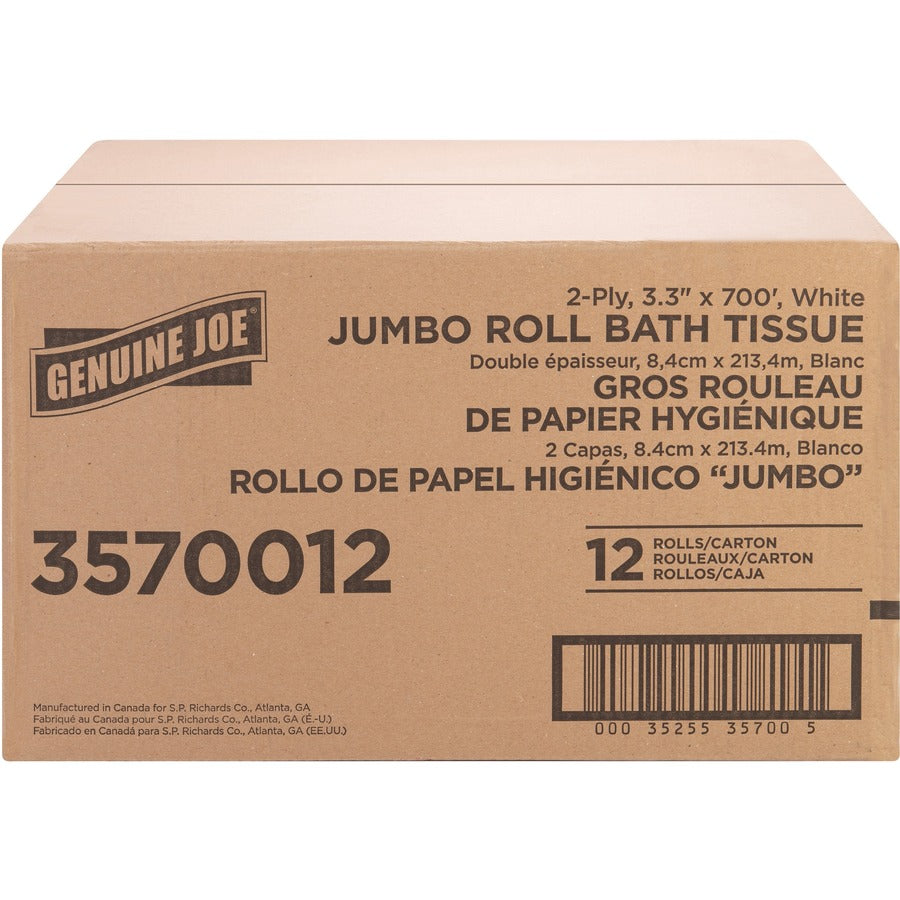 Genuine Joe Jumbo Jr Dispenser Bath Tissue Roll - 2 Ply - 3.30" x 700 ft - 8.88" Roll Diameter - White - Fiber - Sewer-safe, Septic Safe - For Bathroom - 12 / Carton