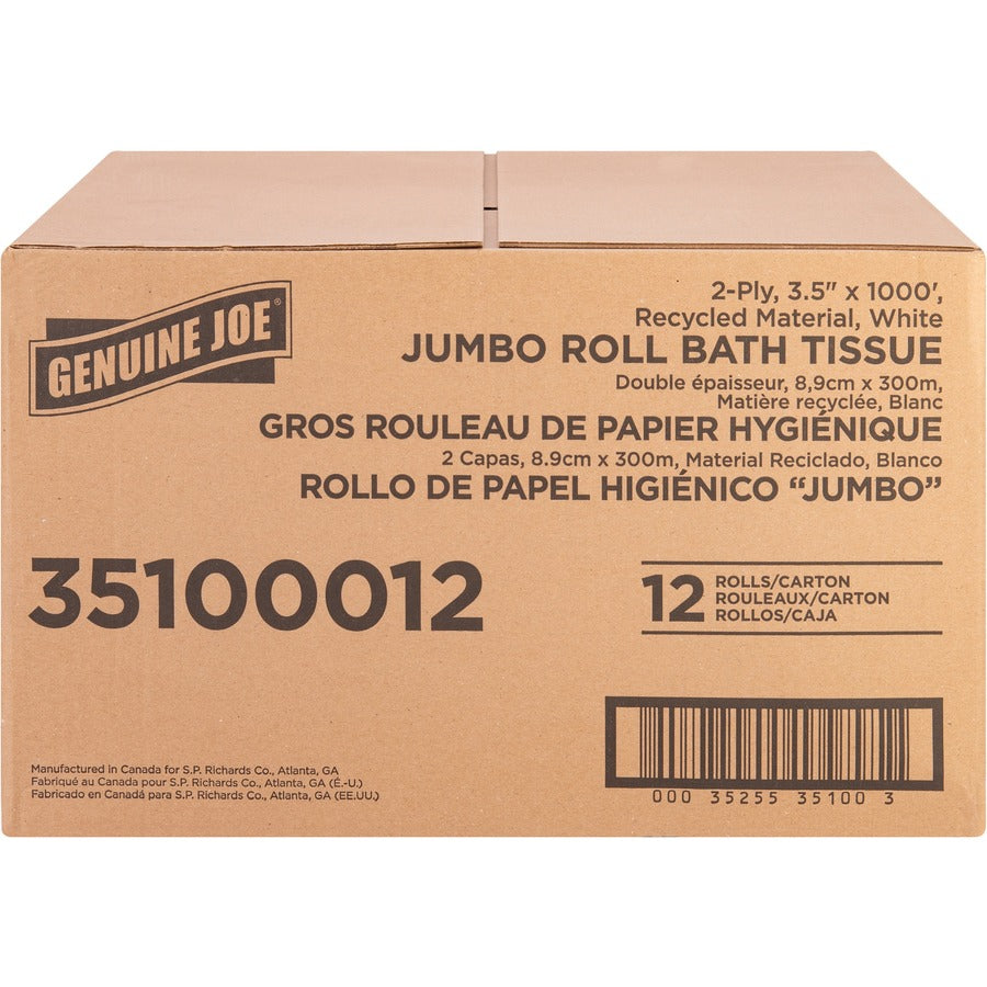 Genuine Joe Jumbo Jr Dispenser Bath Tissue Roll - 2 Ply - 3.50" x 1000 ft - 8.88" Roll Diameter - White - Fiber - Sewer-safe, Septic Safe - For Bathroom - 12 / Carton