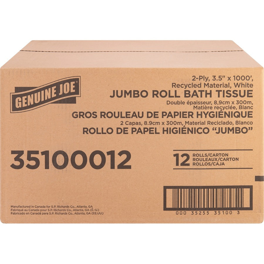 Genuine Joe Jumbo Jr Dispenser Bath Tissue Roll - 2 Ply - 3.50" x 1000 ft - 8.88" Roll Diameter - White - Fiber - Sewer-safe, Septic Safe - For Bathroom - 12 / Carton