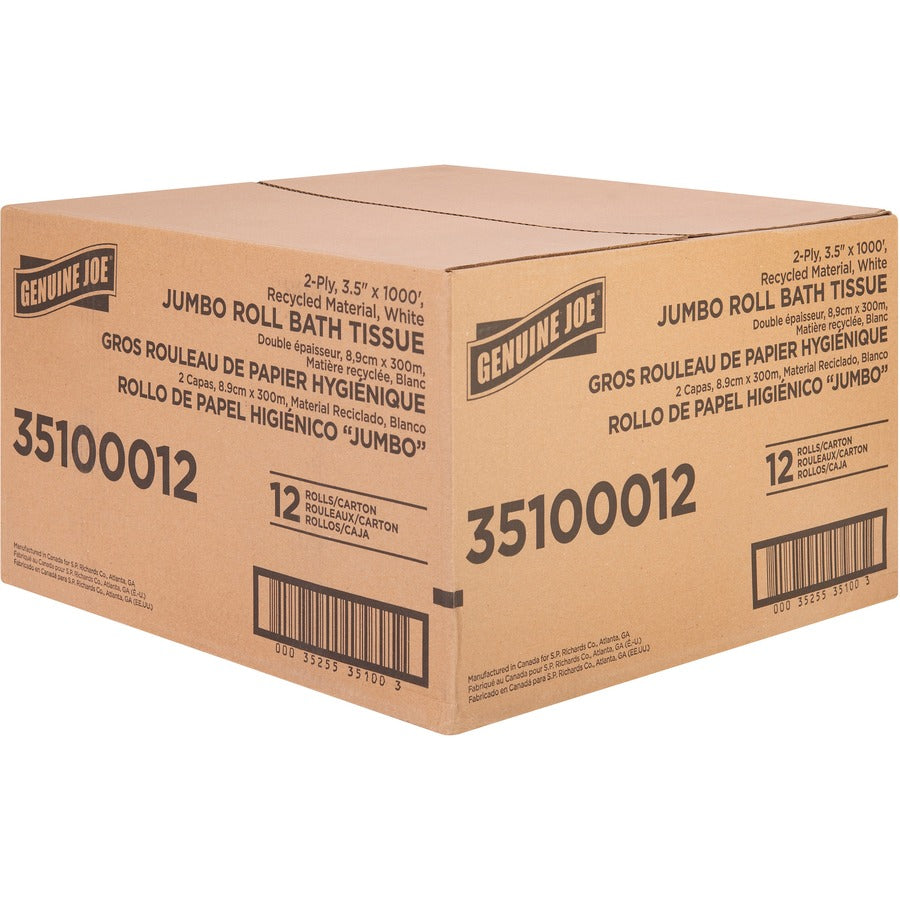 Genuine Joe Jumbo Jr Dispenser Bath Tissue Roll - 2 Ply - 3.50" x 1000 ft - 8.88" Roll Diameter - White - Fiber - Sewer-safe, Septic Safe - For Bathroom - 12 / Carton