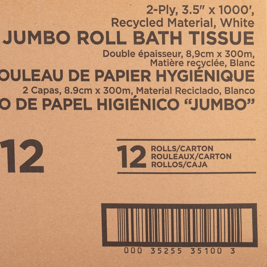 Genuine Joe Jumbo Jr Dispenser Bath Tissue Roll - 2 Ply - 3.50" x 1000 ft - 8.88" Roll Diameter - White - Fiber - Sewer-safe, Septic Safe - For Bathroom - 12 / Carton