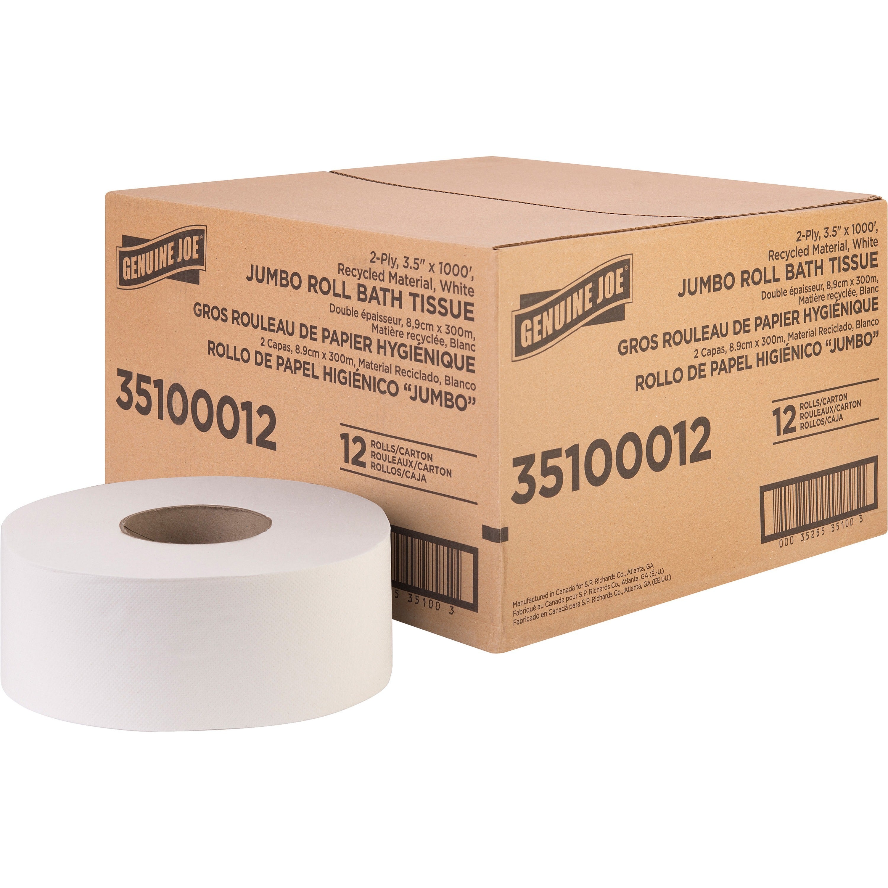 genuine-joe-jumbo-jr-dispenser-bath-tissue-roll-2-ply-350-x-1000-ft-888-roll-diameter-white-fiber-sewer-safe-septic-safe-for-bathroom-12-carton_gjo35100012 - 1