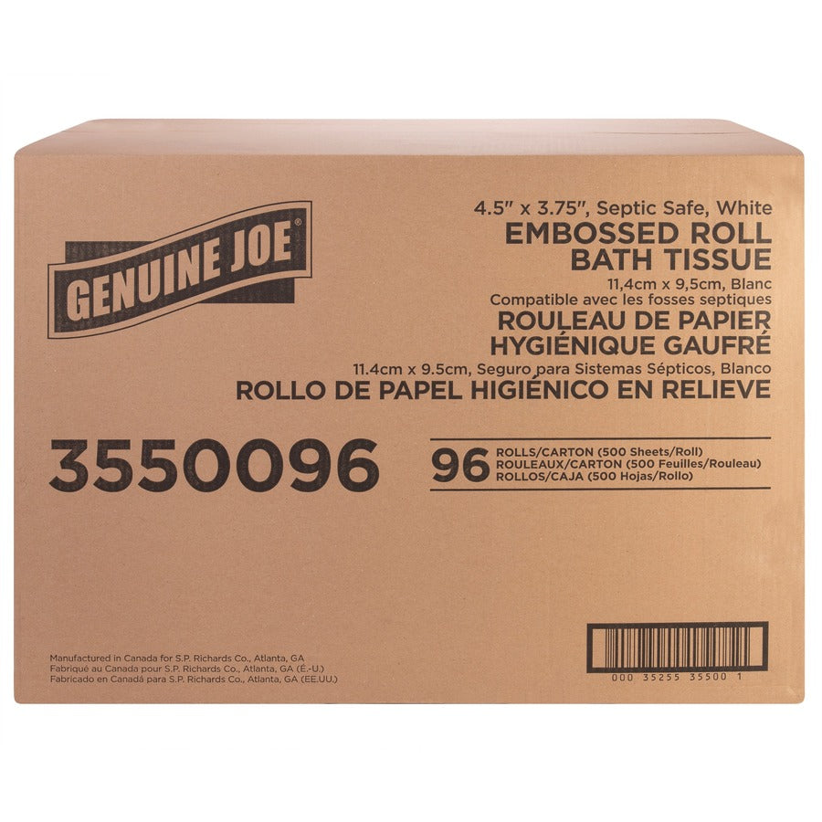 Genuine Joe 2-ply Bath Tissue - 2 Ply - 4.50" x 3.80" - 500 Sheets/Roll - White - Fiber - Perforated, Absorbent, Soft - For Bathroom, Restroom - 96 / Carton