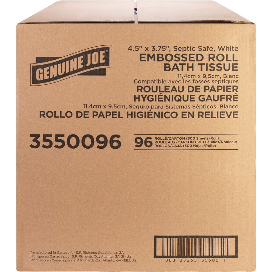 Genuine Joe 2-ply Bath Tissue - 2 Ply - 4.50" x 3.80" - 500 Sheets/Roll - White - Fiber - Perforated, Absorbent, Soft - For Bathroom, Restroom - 96 / Carton