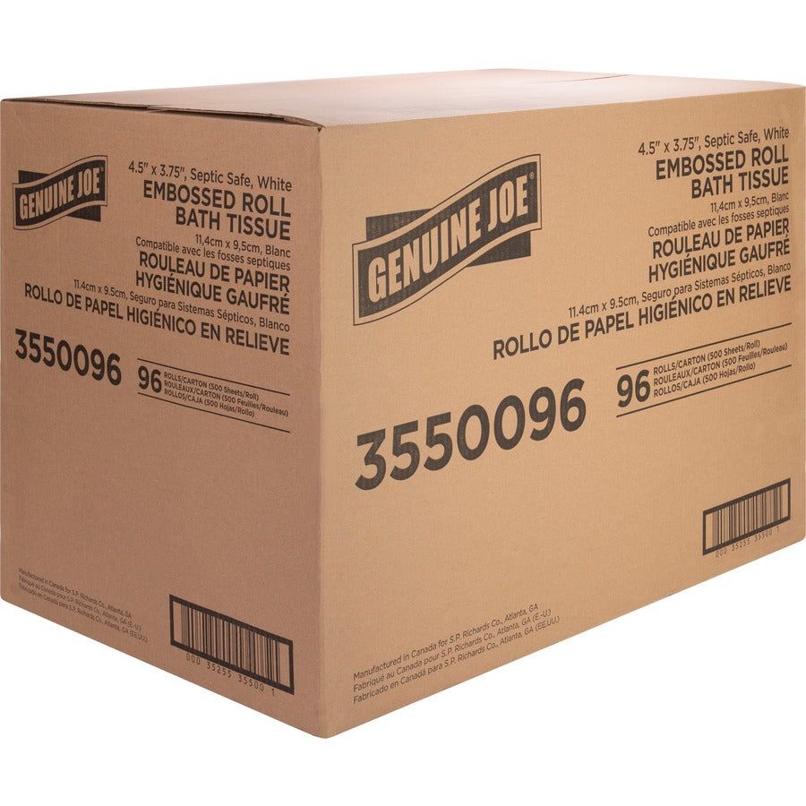 Genuine Joe 2-ply Bath Tissue - 2 Ply - 4.50" x 3.80" - 500 Sheets/Roll - White - Fiber - Perforated, Absorbent, Soft - For Bathroom, Restroom - 96 / Carton