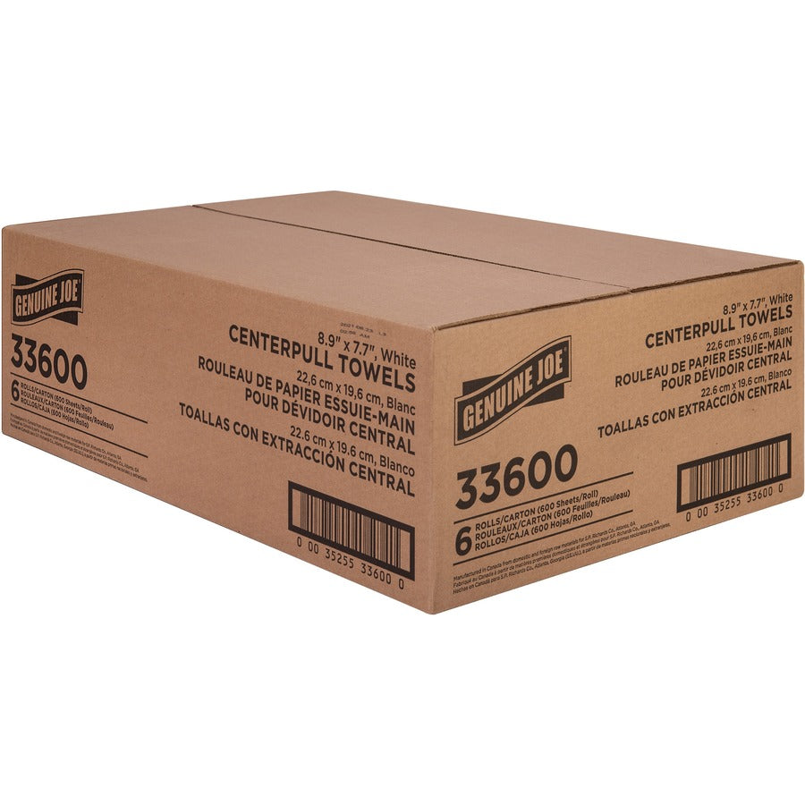 Genuine Joe Centerpull Towel Rolls - 600 Sheets/Roll - White - Virgin Fiber - Center Pull, Soft, Absorbent - For Washroom - 6 / Carton
