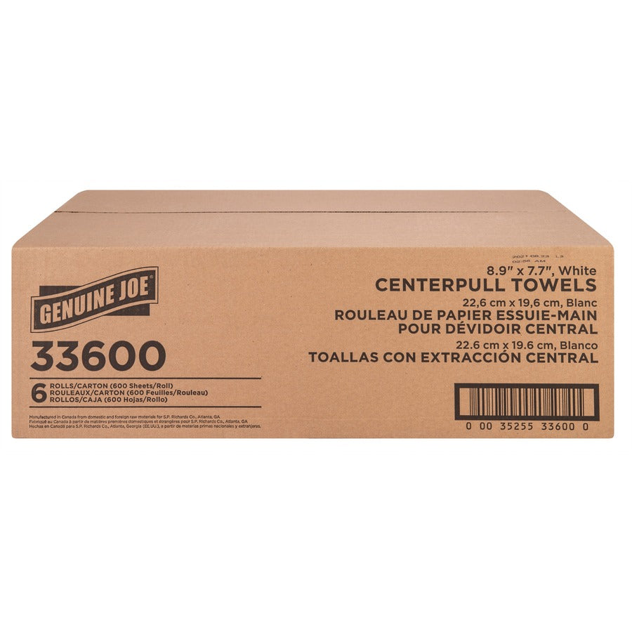 Genuine Joe Centerpull Towel Rolls - 600 Sheets/Roll - White - Virgin Fiber - Center Pull, Soft, Absorbent - For Washroom - 6 / Carton