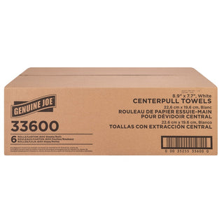 Genuine Joe Centerpull Towel Rolls - 600 Sheets/Roll - White - Virgin Fiber - Center Pull, Soft, Absorbent - For Washroom - 6 / Carton