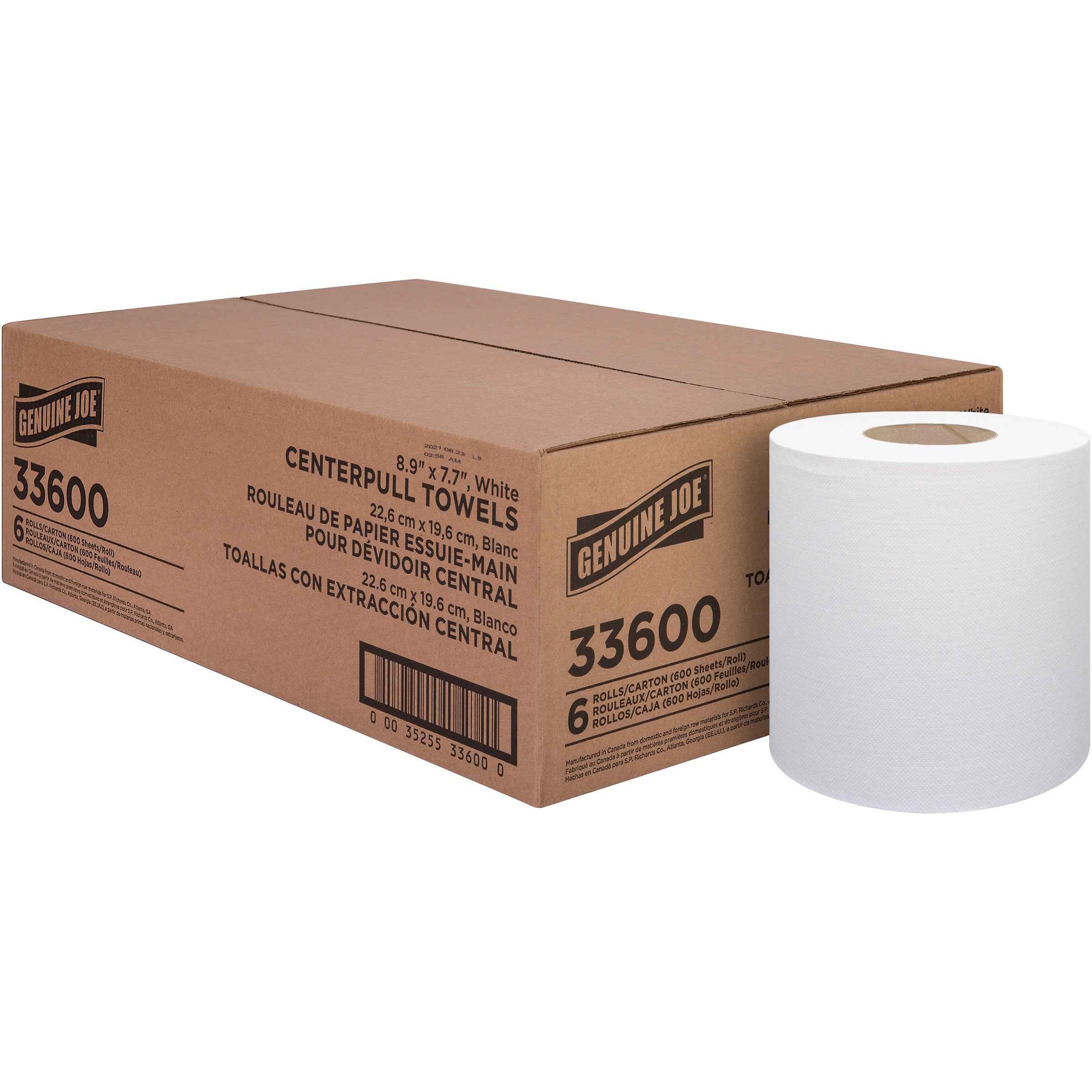 Genuine Joe Centerpull Towel Rolls - 600 Sheets/Roll - White - Virgin Fiber - Center Pull, Soft, Absorbent - For Washroom - 6 / Carton