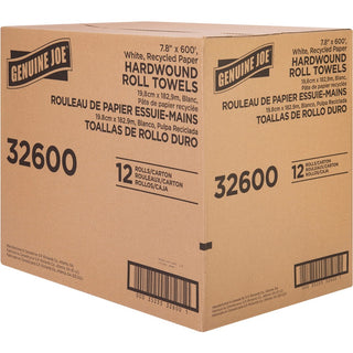 Genuine Joe Hardwound Roll Paper Towels - 7.80" x 600 ft - 2" Core - White - Paper - Absorbent - For Restroom - 12 / Carton