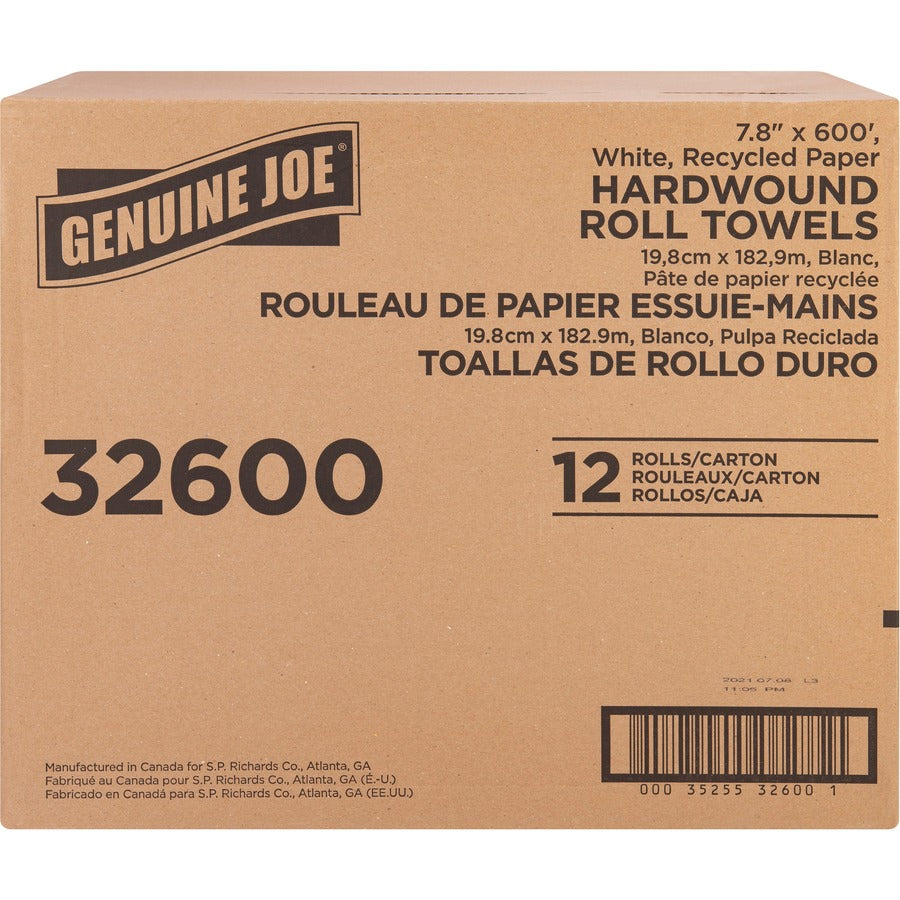 Genuine Joe Hardwound Roll Paper Towels - 7.80" x 600 ft - 2" Core - White - Paper - Absorbent - For Restroom - 12 / Carton