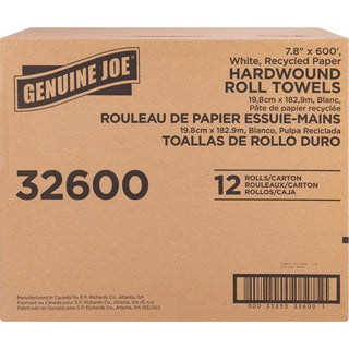 Genuine Joe Hardwound Roll Paper Towels - 7.80" x 600 ft - 2" Core - White - Paper - Absorbent - For Restroom - 12 / Carton
