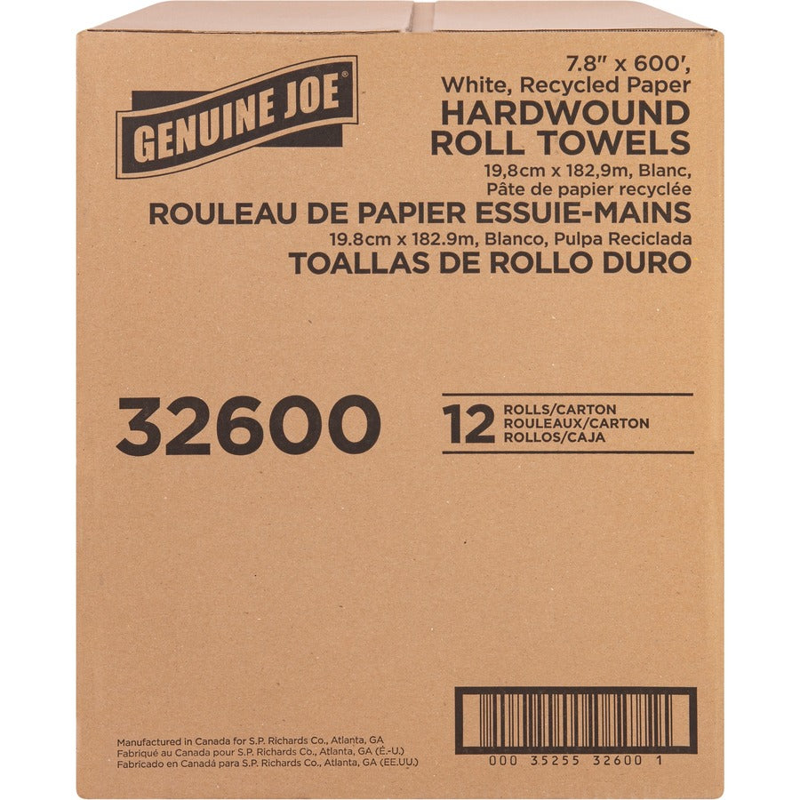 Genuine Joe Hardwound Roll Paper Towels - 7.80" x 600 ft - 2" Core - White - Paper - Absorbent - For Restroom - 12 / Carton