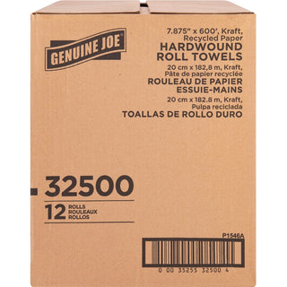 Genuine Joe Embossed Hardwound Roll Towels - 7.88" x 600 ft - 2" Core - Brown - Absorbent - For Restroom - 12 / Carton
