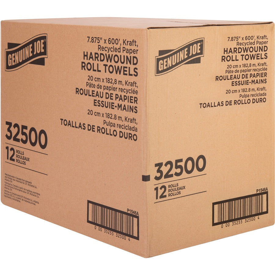 Genuine Joe Embossed Hardwound Roll Towels - 7.88" x 600 ft - 2" Core - Brown - Absorbent - For Restroom - 12 / Carton