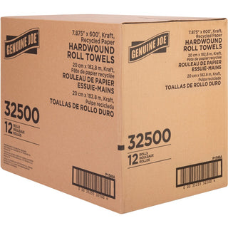 Genuine Joe Embossed Hardwound Roll Towels - 7.88" x 600 ft - 2" Core - Brown - Absorbent - For Restroom - 12 / Carton