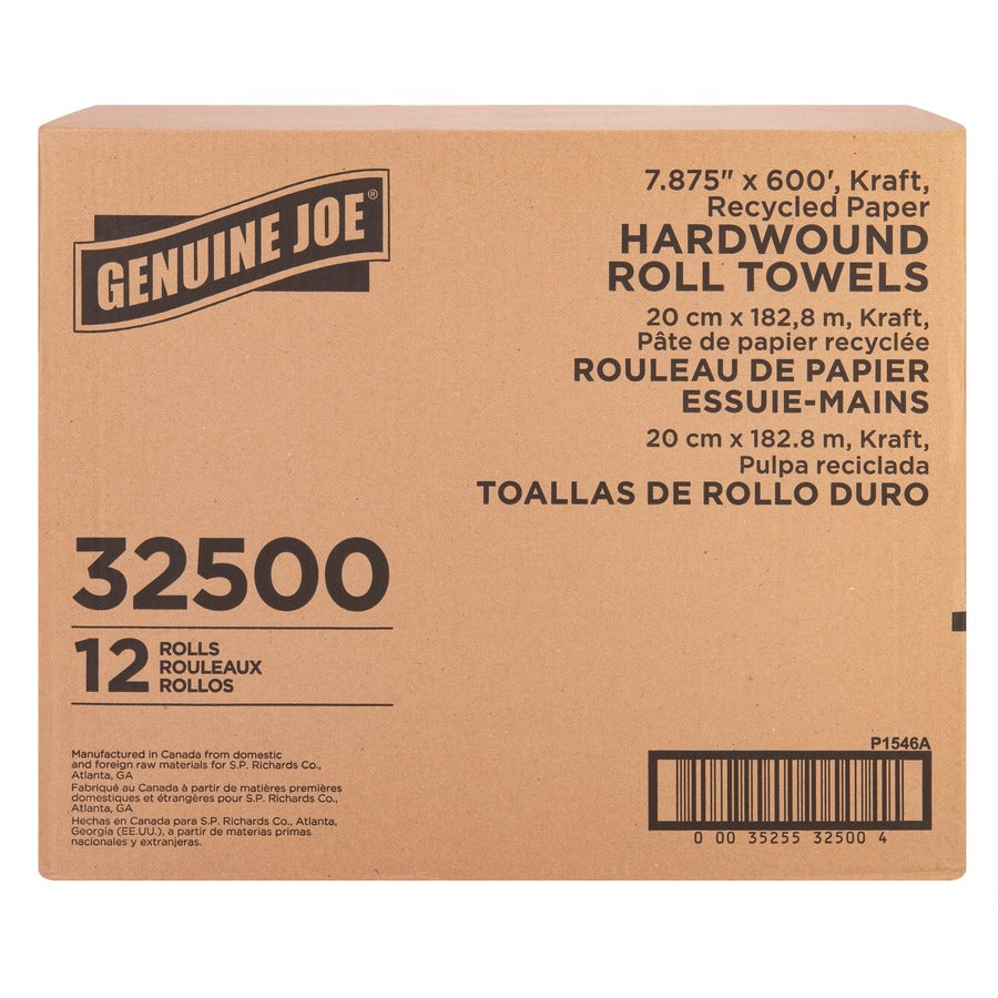 Genuine Joe Embossed Hardwound Roll Towels - 7.88" x 600 ft - 2" Core - Brown - Absorbent - For Restroom - 12 / Carton