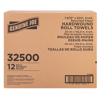 Genuine Joe Embossed Hardwound Roll Towels - 7.88" x 600 ft - 2" Core - Brown - Absorbent - For Restroom - 12 / Carton