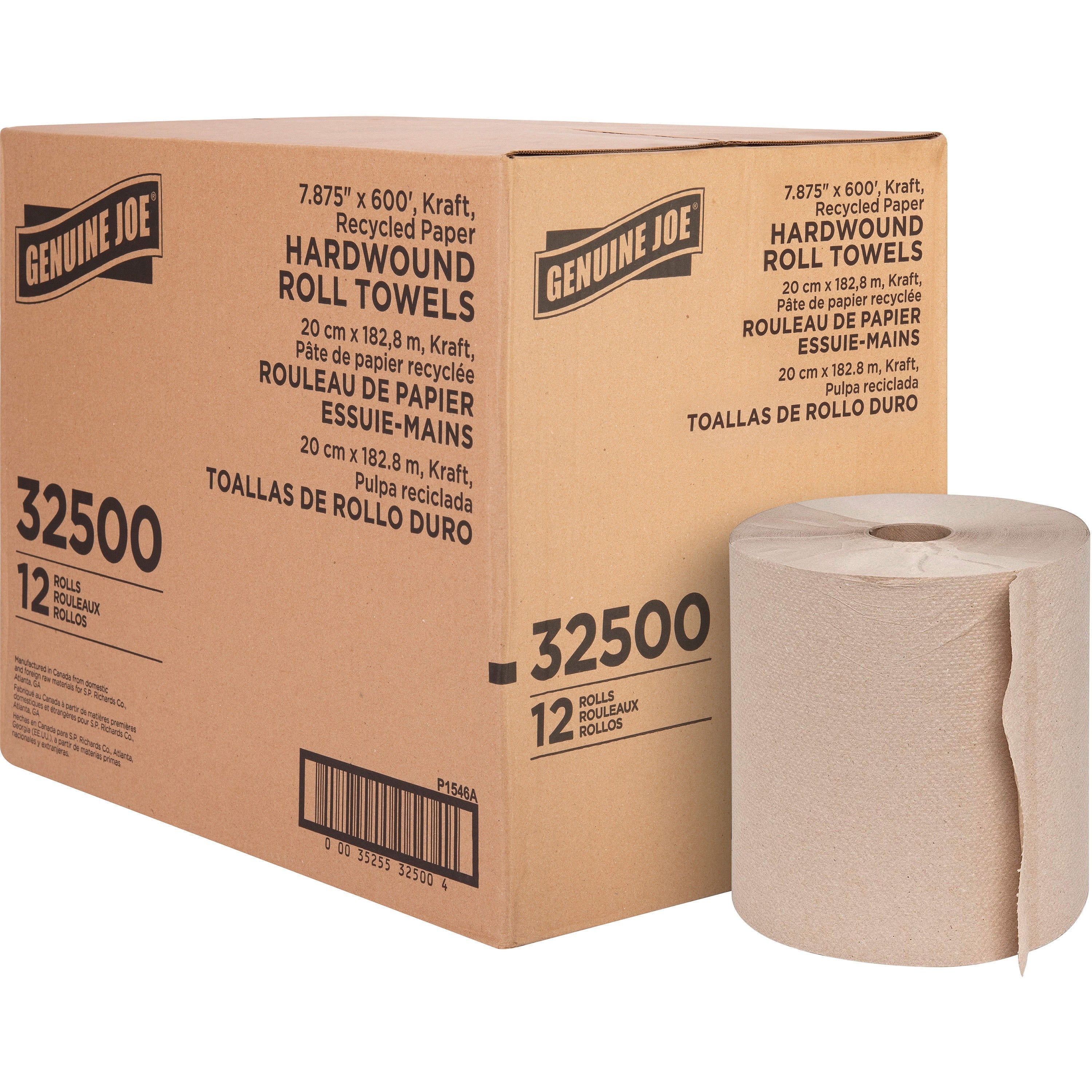 genuine-joe-embossed-hardwound-roll-towels-788-x-600-ft-2-core-brown-absorbent-for-restroom-12-carton_gjo32500 - 1