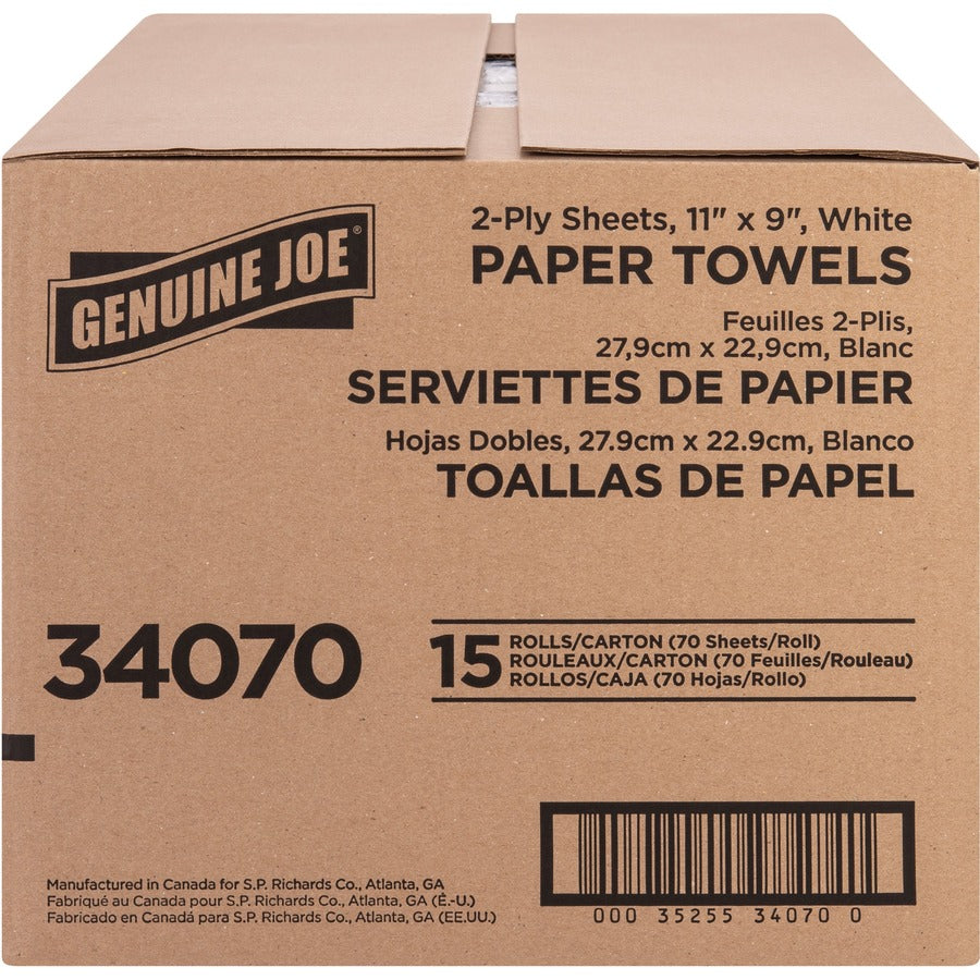Genuine Joe 2-ply Paper Towel Rolls - 2 Ply - 9" x 11" - 70 Sheets/Roll - White - Paper - Absorbent, Soft, Perforated, Tear Resistant - For Hand, Food Service, Kitchen, Breakroom - 15 / Carton