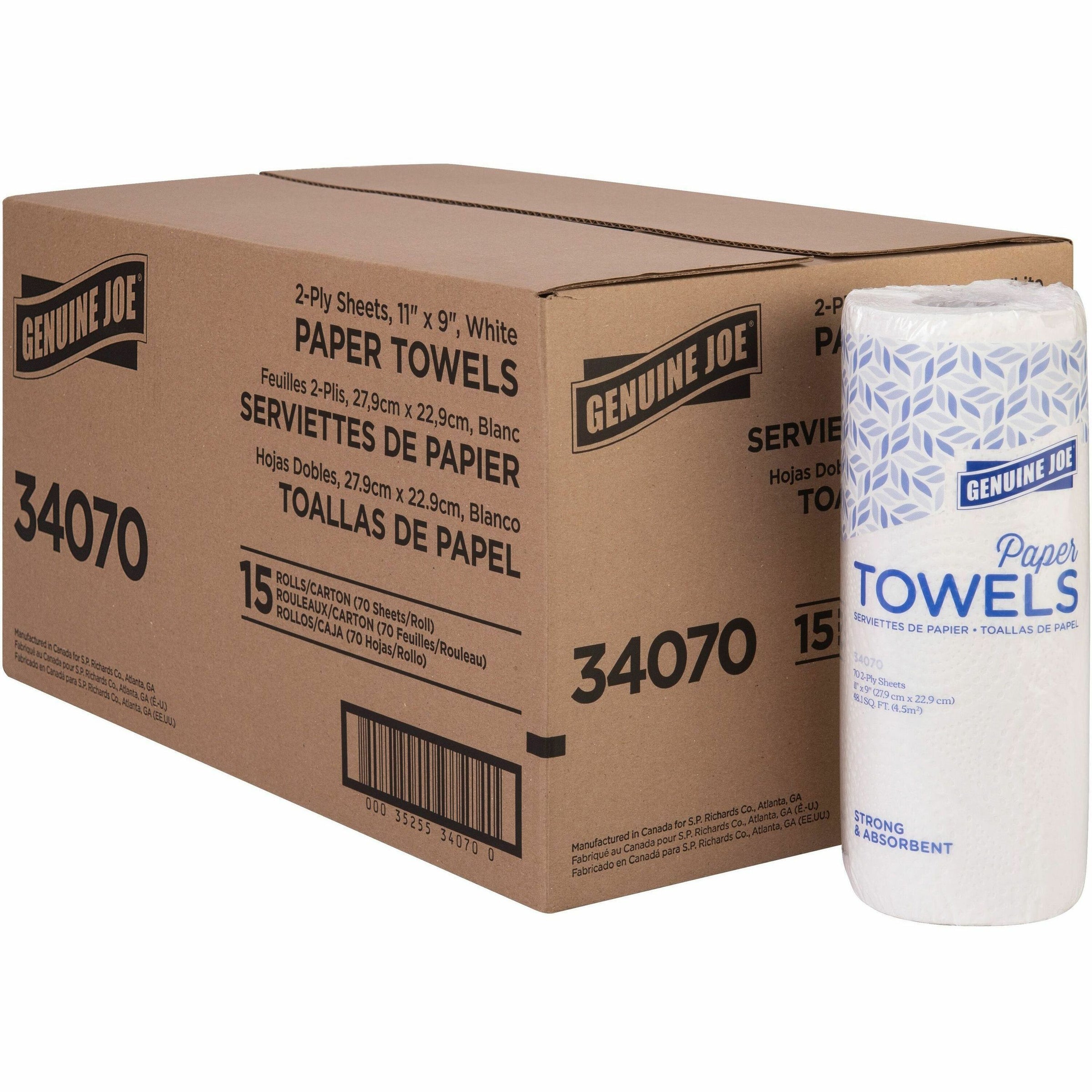 Genuine Joe 2-ply Paper Towel Rolls - 2 Ply - 9" x 11" - 70 Sheets/Roll - White - Paper - Absorbent, Soft, Perforated, Tear Resistant - For Hand, Food Service, Kitchen, Breakroom - 15 / Carton