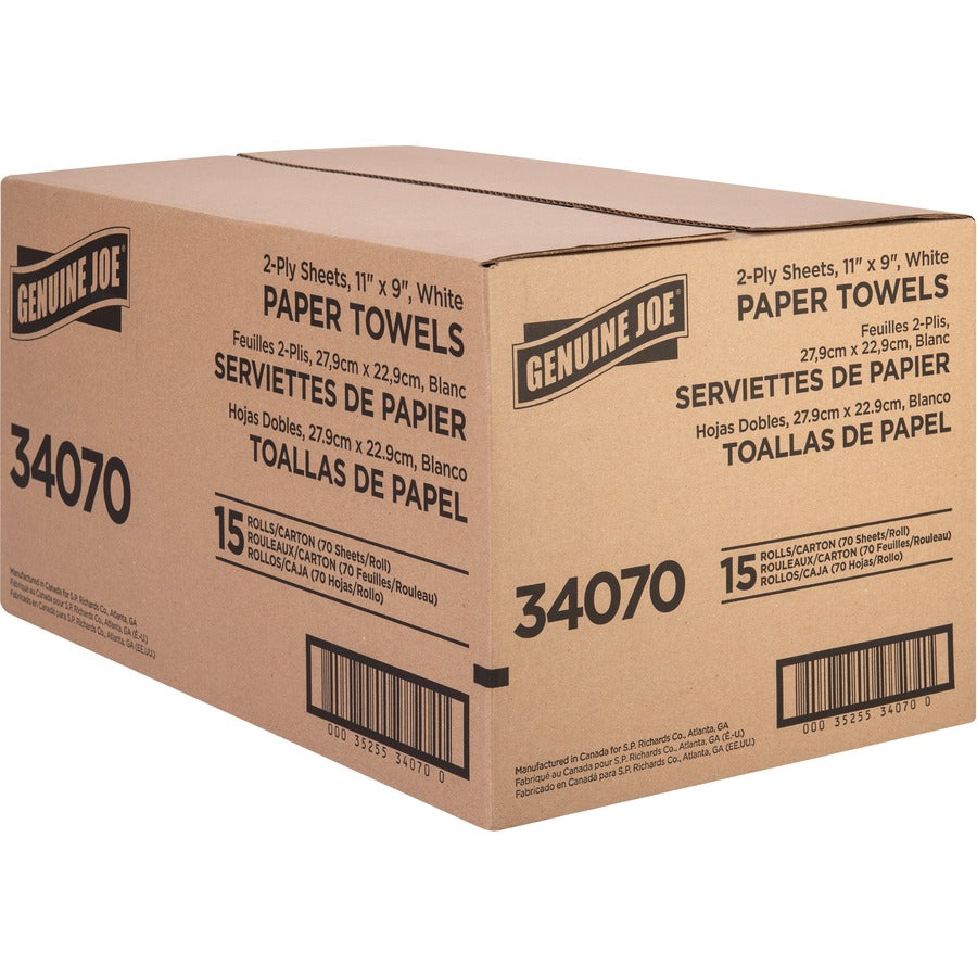Genuine Joe 2-ply Paper Towel Rolls - 2 Ply - 9" x 11" - 70 Sheets/Roll - White - Paper - Absorbent, Soft, Perforated, Tear Resistant - For Hand, Food Service, Kitchen, Breakroom - 15 / Carton